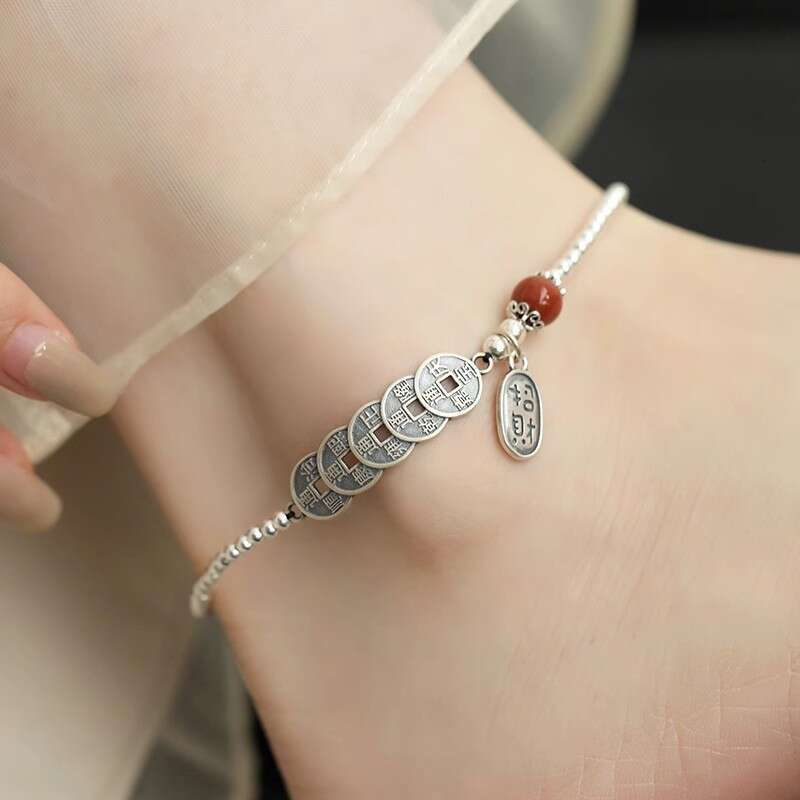 Vintage Wealth-Attracting Five Emperor Copper Coin for Women, Adjustable New Chinese National Ethnic Style Niche Temperament Anklet