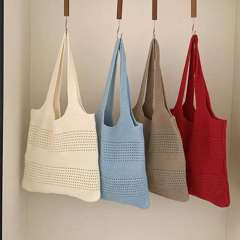 Summer New Simple Style Mesh Handbag Shopping Beach Knit Shoulder Bag Women's Hollow Out Large Capacity Totes XJ260130
