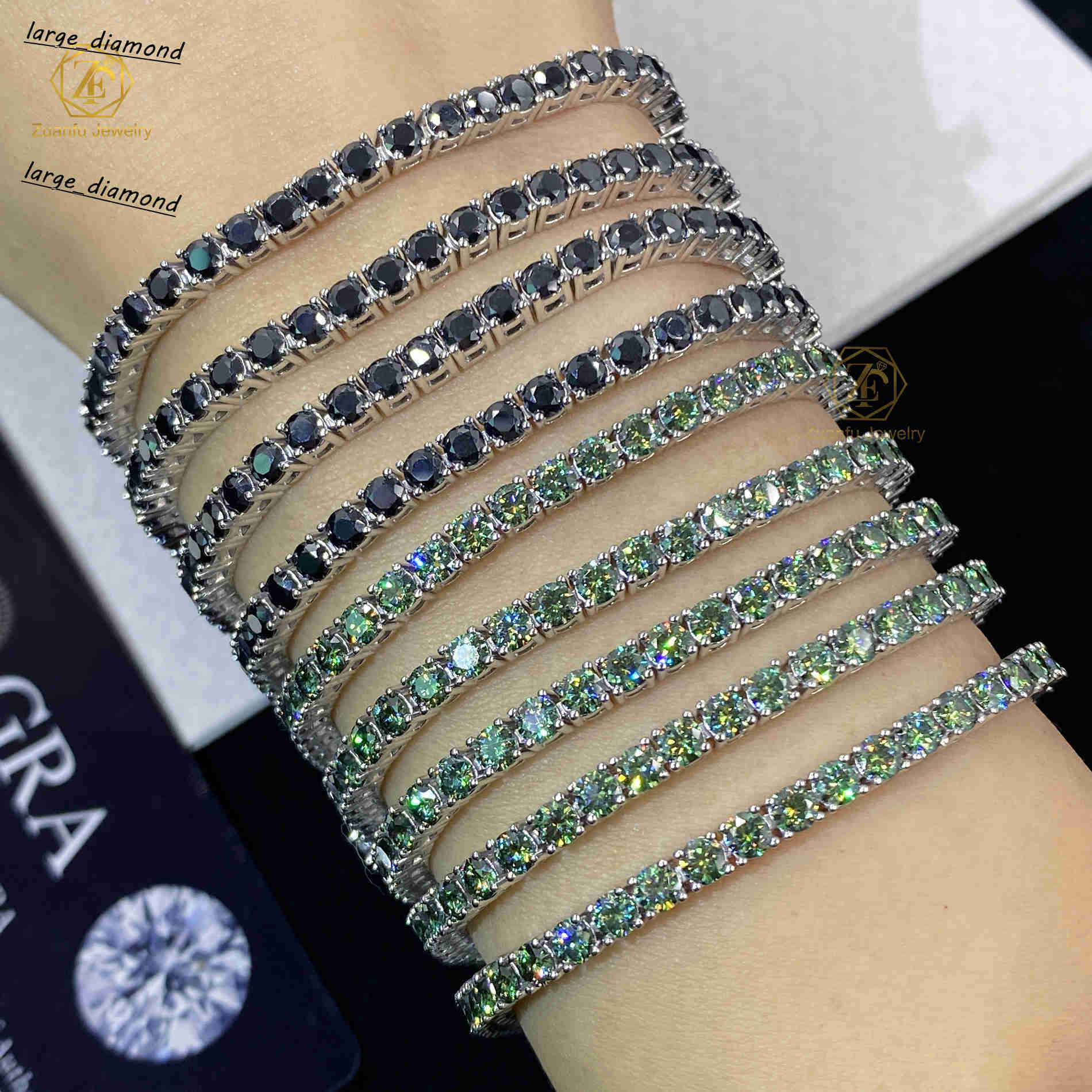 GRA VVS Black Green Moissanite White Gold Plated Black Plated S925 925 Sterling Silver 3mm 4mm 5mm Tennis Bracelet for Men Women