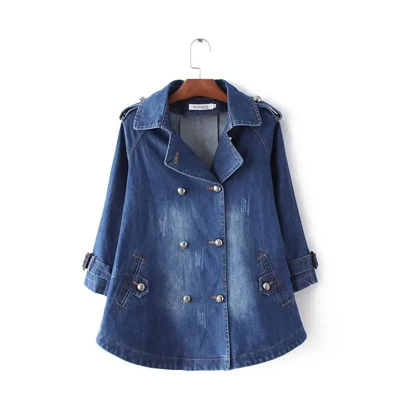 Denim Cape Coat Female Jacket Double Breasted Office Lady Windbreaker Basic Coats 2024 Autumn Overcoat 260120