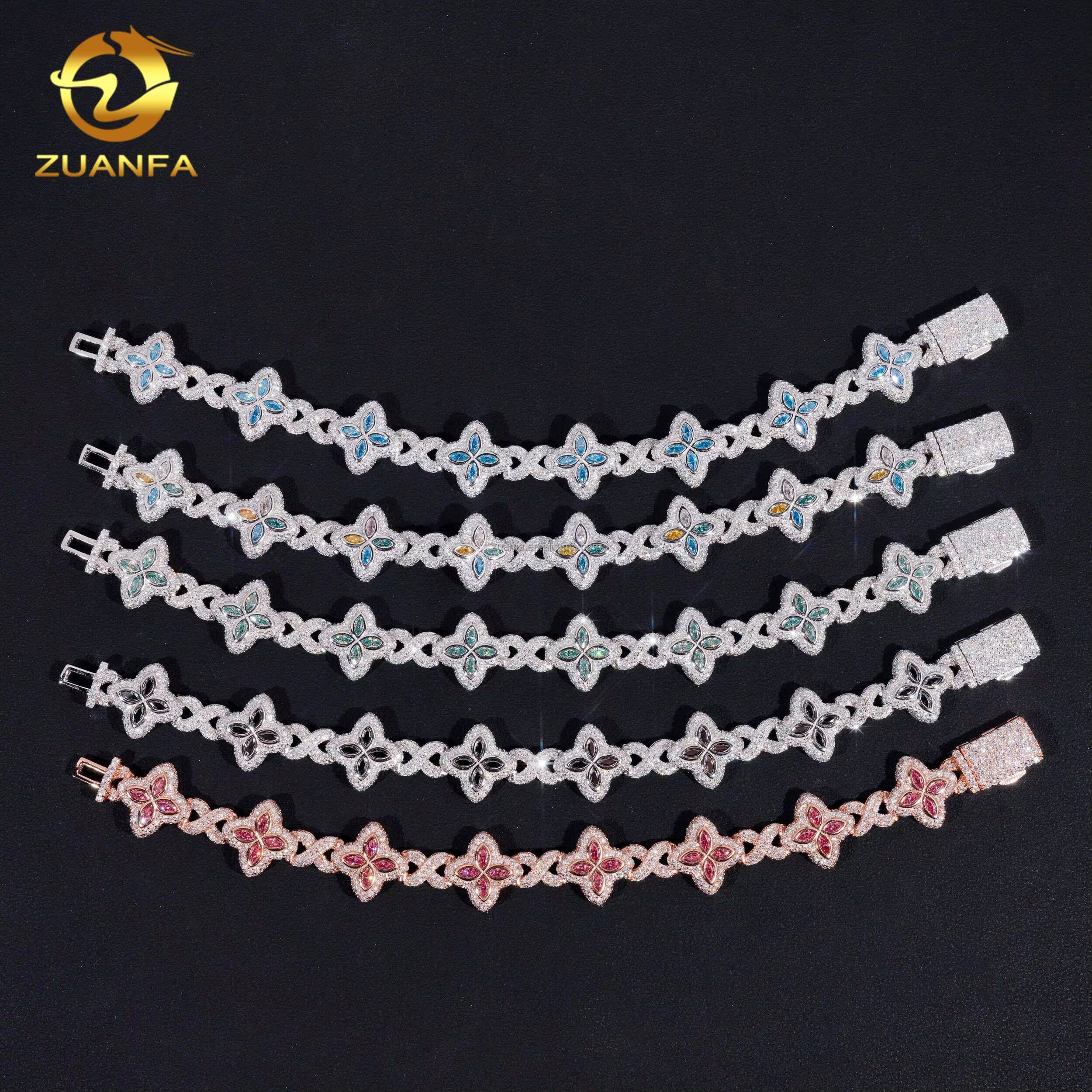 Unique Design 15mm Marquise Flower Hip Hop Jewelry Iced Out Multi Color Moissanite Diamond Clover Infinity Cuban Link Bracelet