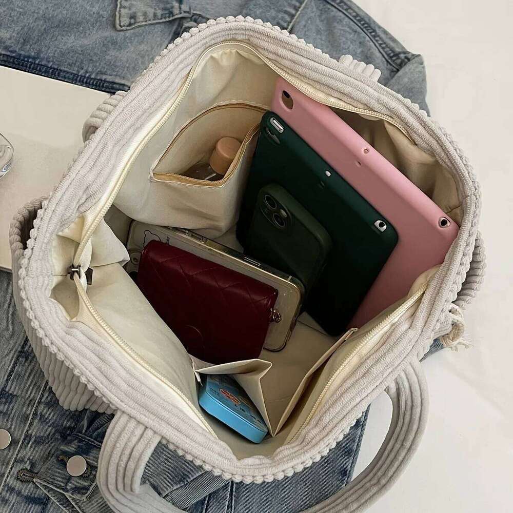 Durable Soft Corduroy Women's Casual Tote Multi-Compartment Zipper Closure Commute Shoulder Bag For Women