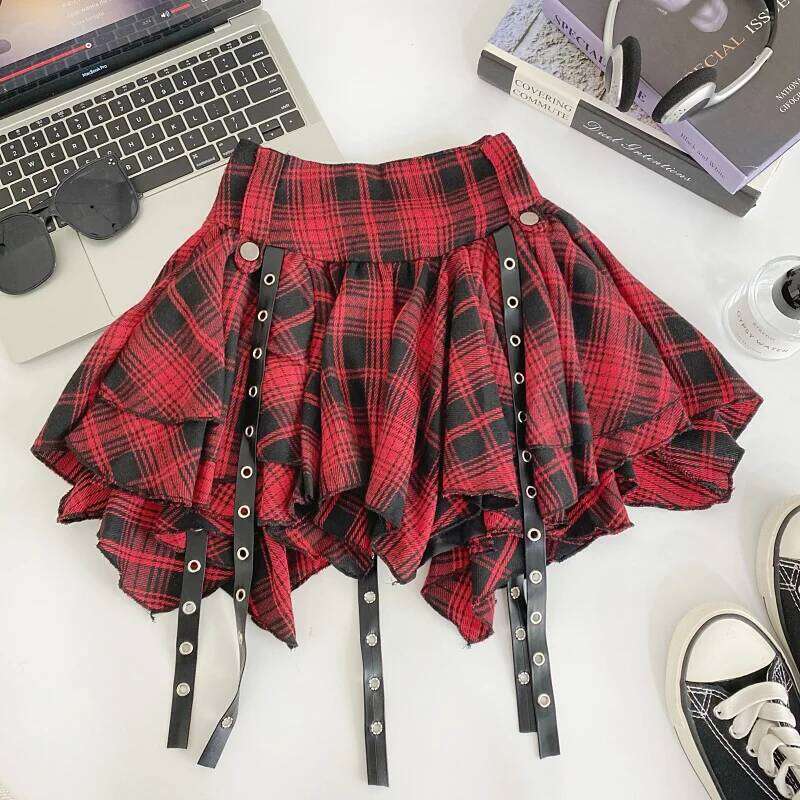 Gothic Mini with Hanging Grommet Strap Tiered Ruffles High Waist Tartan Skirt Women Teen-Girl Grunge Punk Rock Y2K Outfit XJ260131