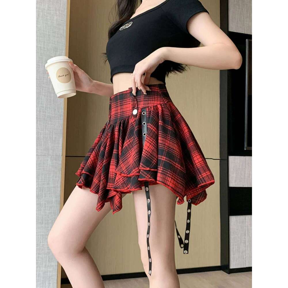 Gothic Mini with Hanging Grommet Strap Tiered Ruffles High Waist Tartan Skirt Women Teen-Girl Grunge Punk Rock Y2K Outfit XJ260131