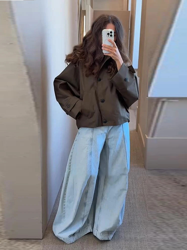 Casual Womens Hooded Cropped Trench Coat Loose Lapel Single Breasted Full Sleeve Jacket Female 2025 Autumn Lady Street Outwears 260120