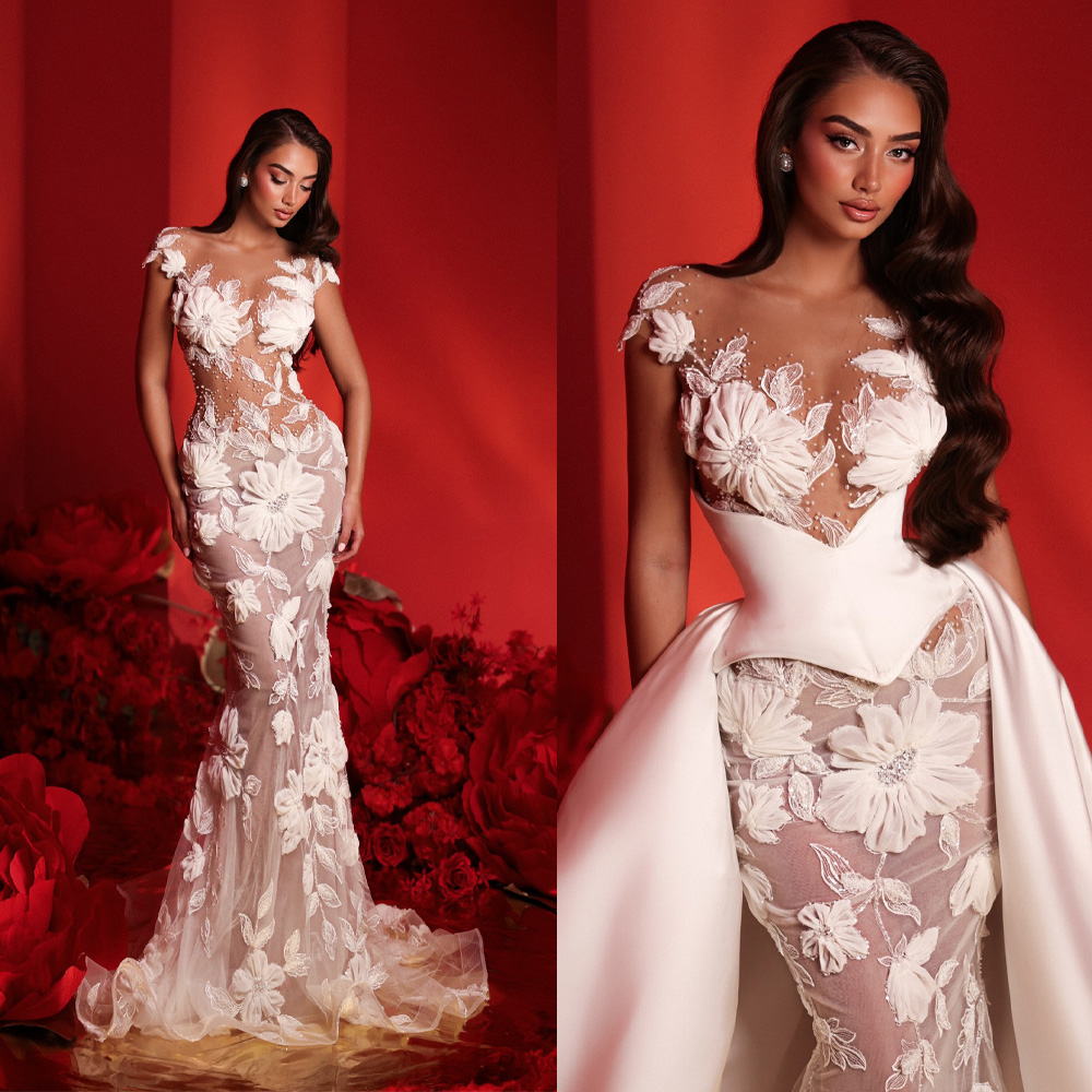 Sexy Mermaid Wedding Dress Sheer Neck Sleeveless Bridal Gowns Appliques Beaded Detachable Train Dresses Custom Made vestidos de novia
