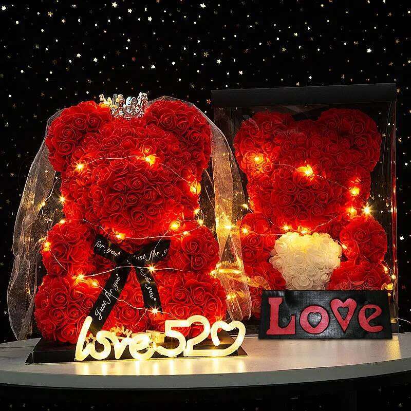Artificial Flowers 25cm Rose Bear With Crown Light Valentines Day Gift Box Girlfriend Anniversary Wedding Dedcor Y260131