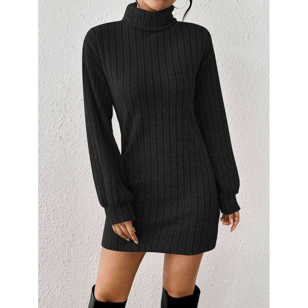 Elegant High Neck Drop Shoulder Ribbed Knit Dress for Commuting Fashionable And Stylish All-in-One XJ260131