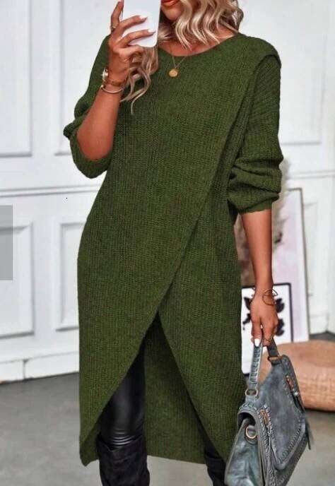 Women's Knitted 2023 Temperature Commuting Slim Fit Round Neck Irregular Long Sleeps Hand Woven Medium Pullover Dress XJ260131