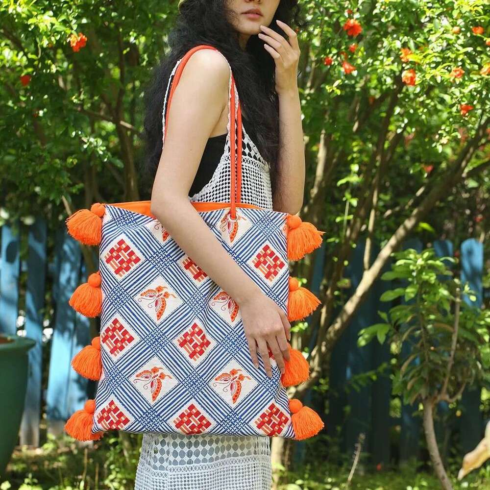 Artistic Niche Ethnic Tassel Large Capacity Underarm Color-Block National Style Single Shoulder Spring Summer Original Canvas Bag MASA