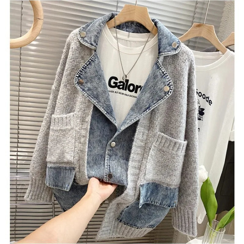 Womens Patchwork Denim Jacket with Fashionable Personality Loose and Lazy Style Thick Sweater Cardigan Autumn Product 260120