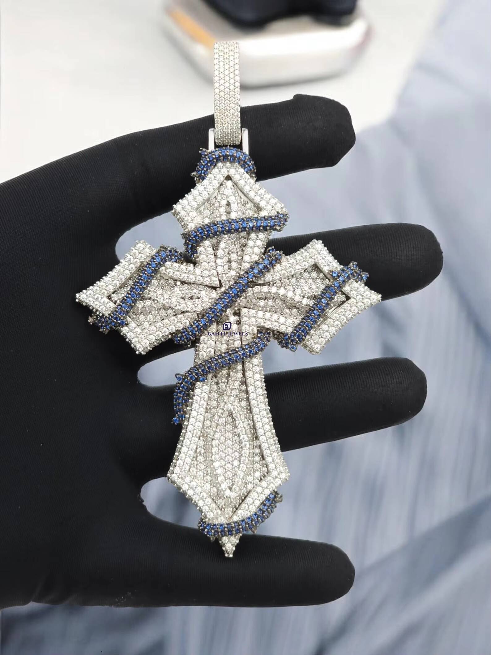 Luxury Iced Out Cross Pendant with Blue Accents VVS Moissanite Hip Hop Jewellery Silver Finish
