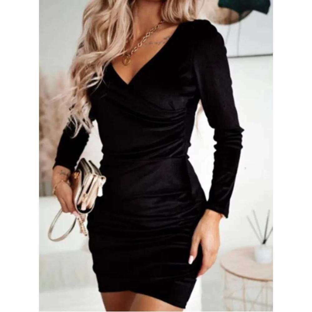 Lady Bodycon Solid Color Velvet Women V-Neck Long Sleeved Mini Autumn Winter New Year Party Luxury Dress XJ260131