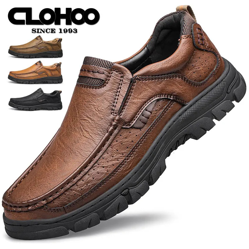 CLOHOOMens Casual Loafers Handmade Breathable Leather Shoes with Thick Rubber Sole Comfortable Footwear Classic Hand Sewn Seams 260126