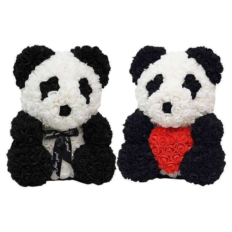 Rose Flower Teddy Bear with Heart/ Bowtie Handmade Panda Doll for Valentine's Day Birthdays Bridal Showers Party Gifts 25cm Y260131