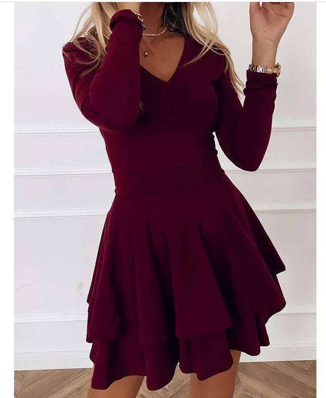 New V-neck Solid Color Mid-waist Pullover Spliced Bottom Fashionable Versatile Style Long-sleeved Women's Dress XJ260131