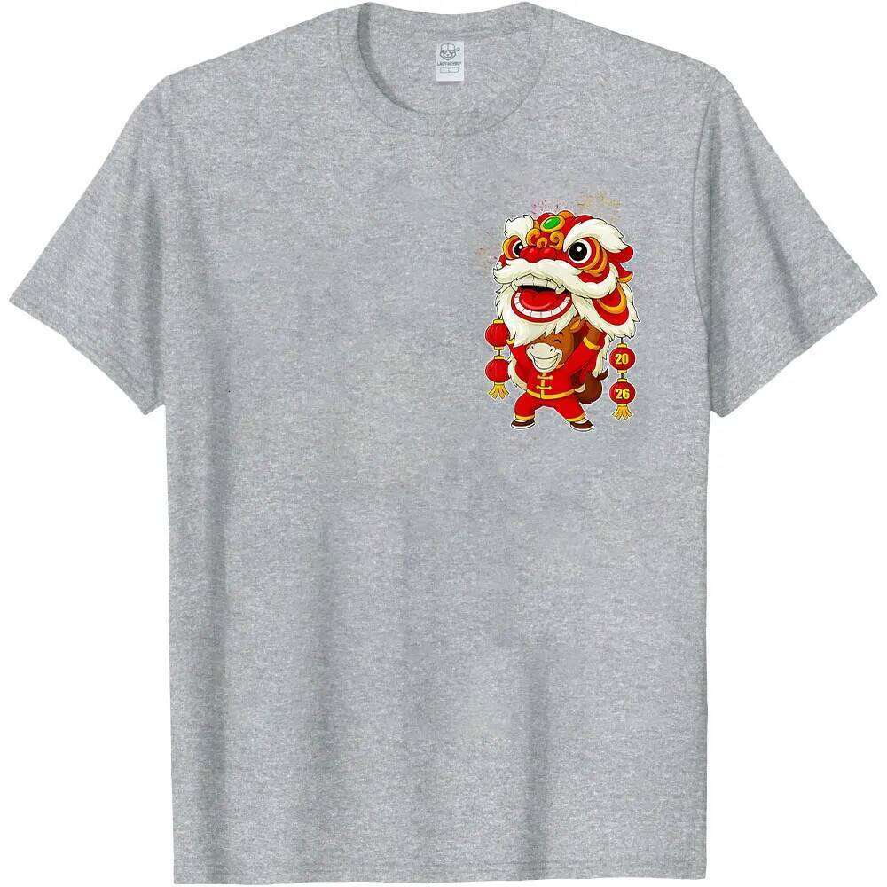 of The Lion Dance Chinese Lunar New Year 2026 T-Shirt Pocket Pattern Horse Men Clothes Cotton Tops C260131