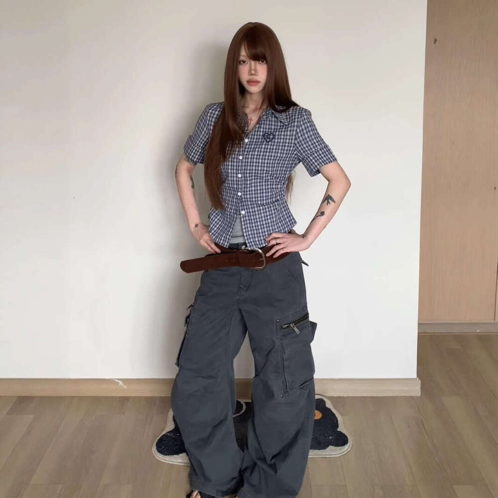 American Retro Heart Embroidery Plaid Shirt For Women, Summer Irregular Pleated Waist Slimming Blue Short Sleeve Top