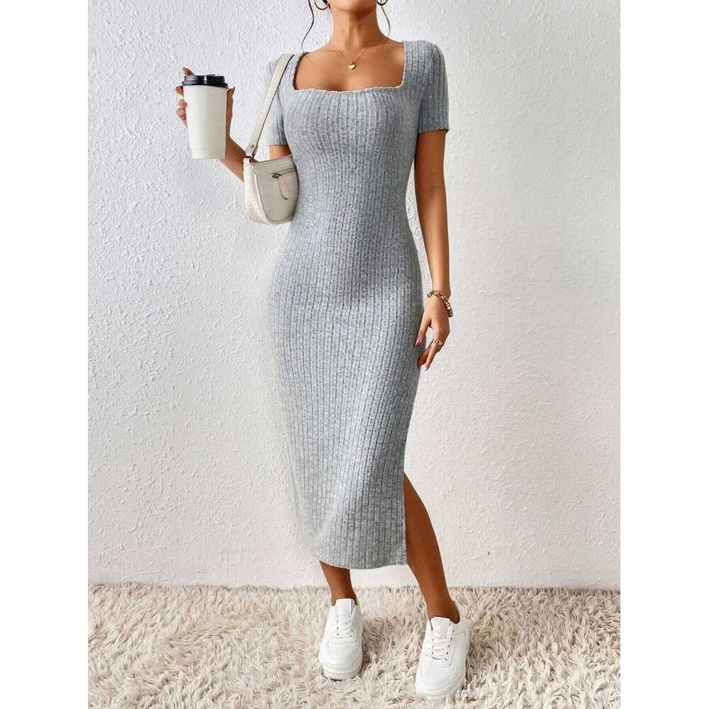 Summer Square Neck, Hip-Hugging Mid-Length Skirt, Short-Sleeved, Versatile Knitted Slit Dress XJ260131
