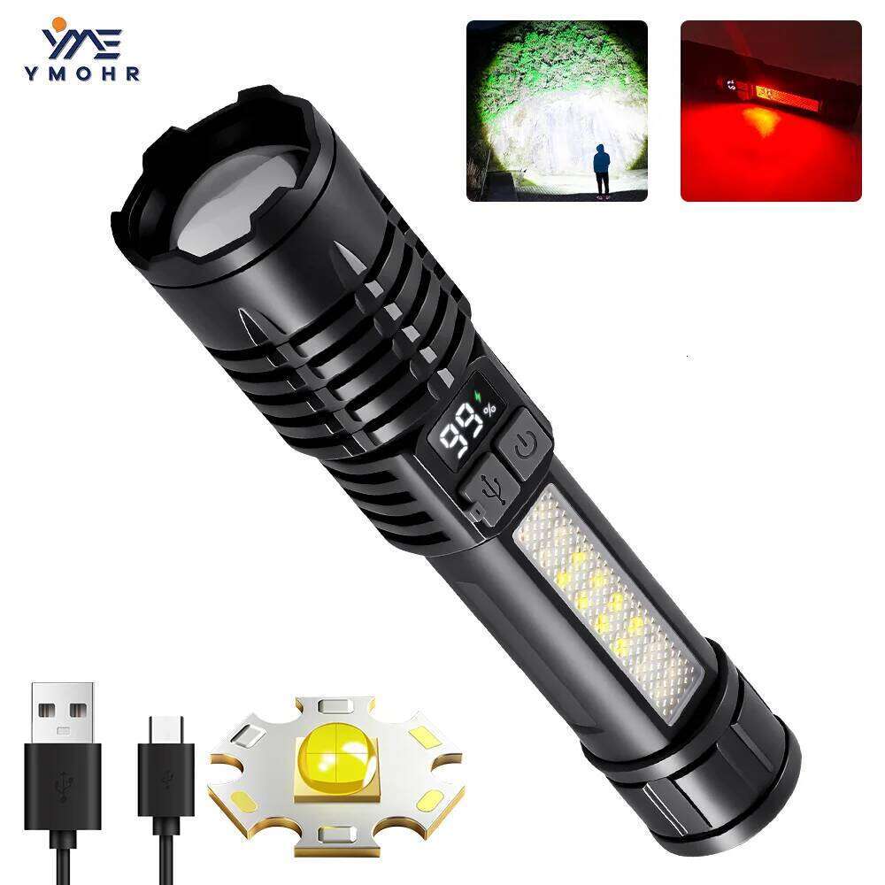 High Power Side Lamp Rechargeable LED Flashlight Waterproof Digital Display Flashlights Torch Outdoor Camping Hiking H260131