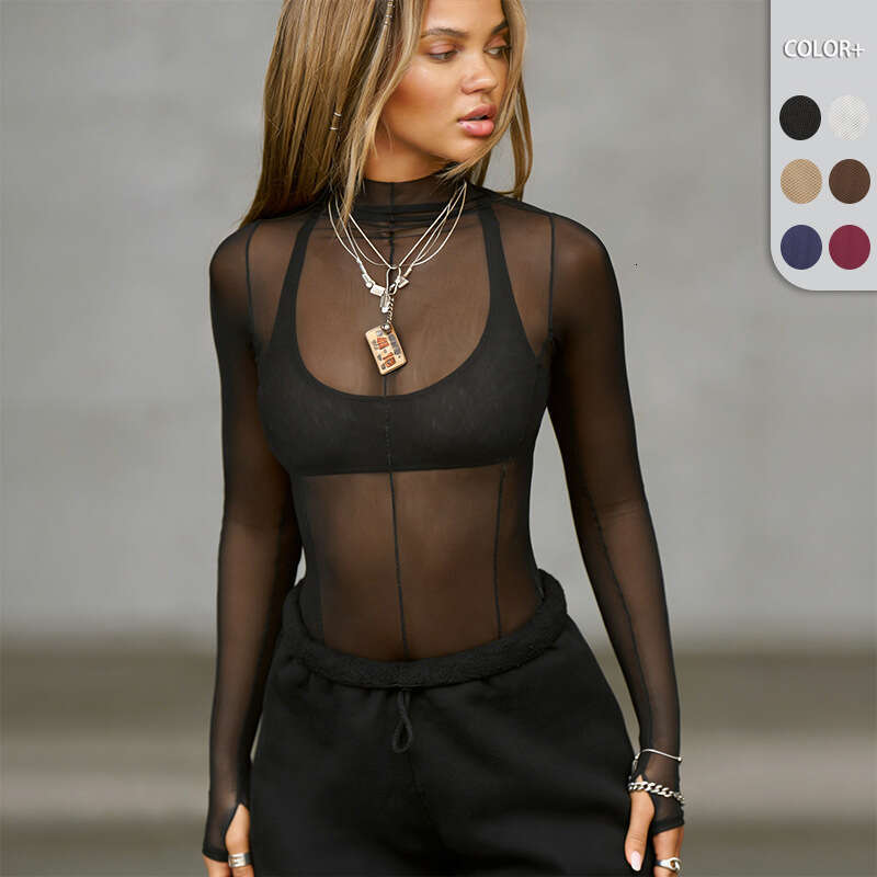 2026 European and American Hot-Selling Long-Sleeve Women's Sheer See-Through Top Slim Fit Half-High Collar Mesh Base Shirt for Women