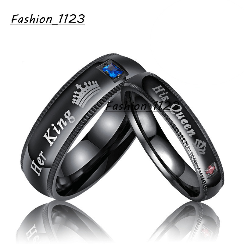 HerkingHisQueen Crown Queen Titanium Steel Black Couple Rings Finger Ring Letter Imprint