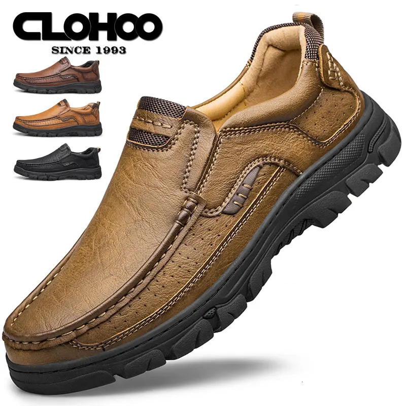 CLOHOOMens Casual Loafers Handmade Breathable Leather Shoes with Thick Rubber Sole Comfortable Footwear Classic Hand Sewn Seams 260126