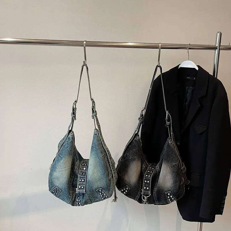 Americana Vintage Distressed Wasteland-Style Rivet Washed Denim Tote Bag Versatile Commuter Shoulder Crossbody Bags for Women XJ260130