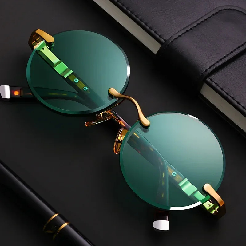 Fashion Classic Rimless Sunglasses Women Men Crystal Dark Green Lens Sun Glasses Retro Round Glasses Outdoor Driving Eyeglasses 260128