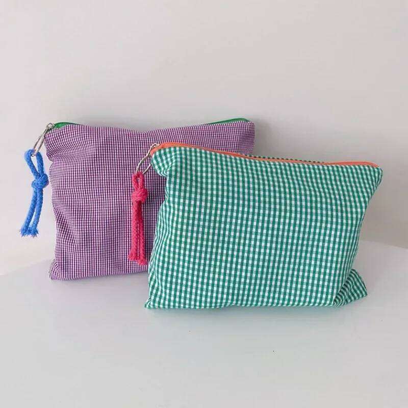 Women Girls Plaid Makeup Cotton and Linen Cosmetic with Zipper Pouch Simple Portable Large Capacity Storage Bag Fashion