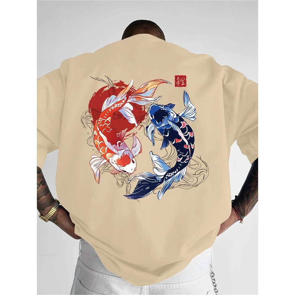 Koi Printed Pattern T-shirt Loose and Comfortable Pure Cotton Round Neck Short Sleeve Fashion Casual Trend Men's Clothing C260131