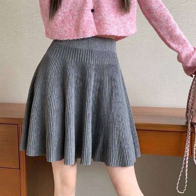 Autumn Winter Knitted White Mini Women Korean High Waist A Line Pleated Skirt Woman Preppy Style All Match Short Skirts XJ260131