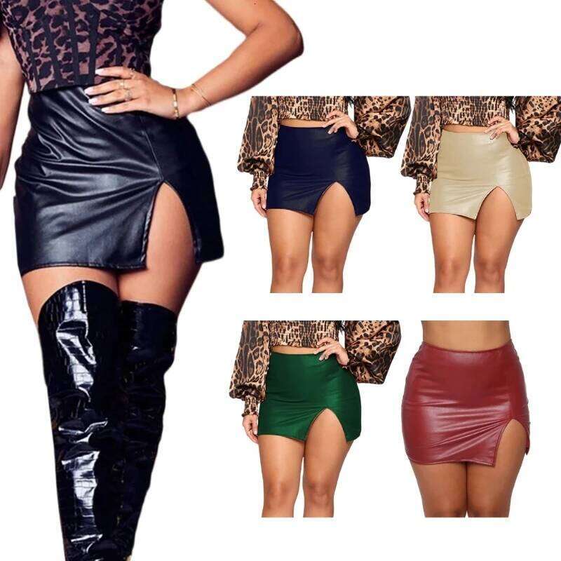 Women High Waist PU Leather Bodycon Short Side Split Solid Color Package Hip Mini Pencil Skirt for Club Party Daily Wear XJ260131