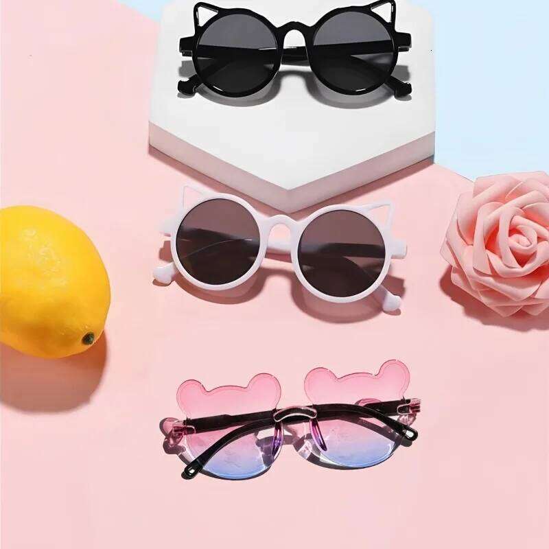 3PCS Boys and girls fashion Children's sunglasses Cute baby anti-ultraviolet bear ears cartoon rimless frame glasses H260130