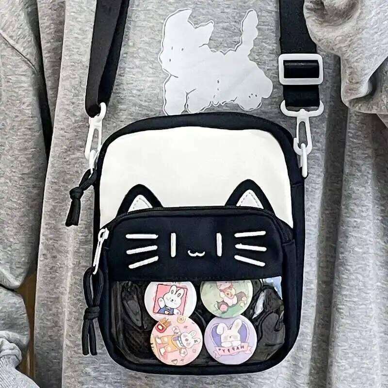 Y2K Cute Cartoon Cat Ita Shoulder Bags Mini Women Casual Crossbody Bag Kawaii Girls Transparent Pocket DIY Display Nylon Handbag XJ260131