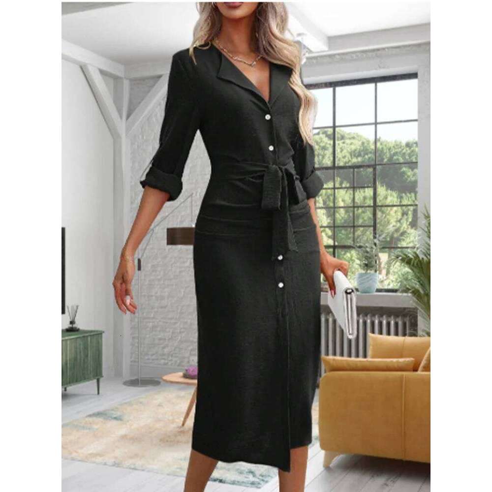 Lady Button Lapel Long Sleeved Solid Color Women's Lace Up High Street Fashion Autumn Spring Elegant Dress XJ260131
