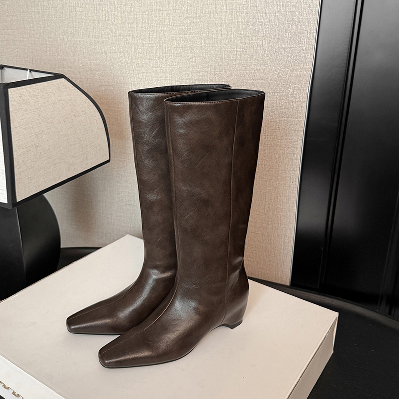 Pointed square-toe knee boots with wrapped heels, Straight-leg wide-calf women's riding boots, minimalist, fashion luxury, high-quality genuine l