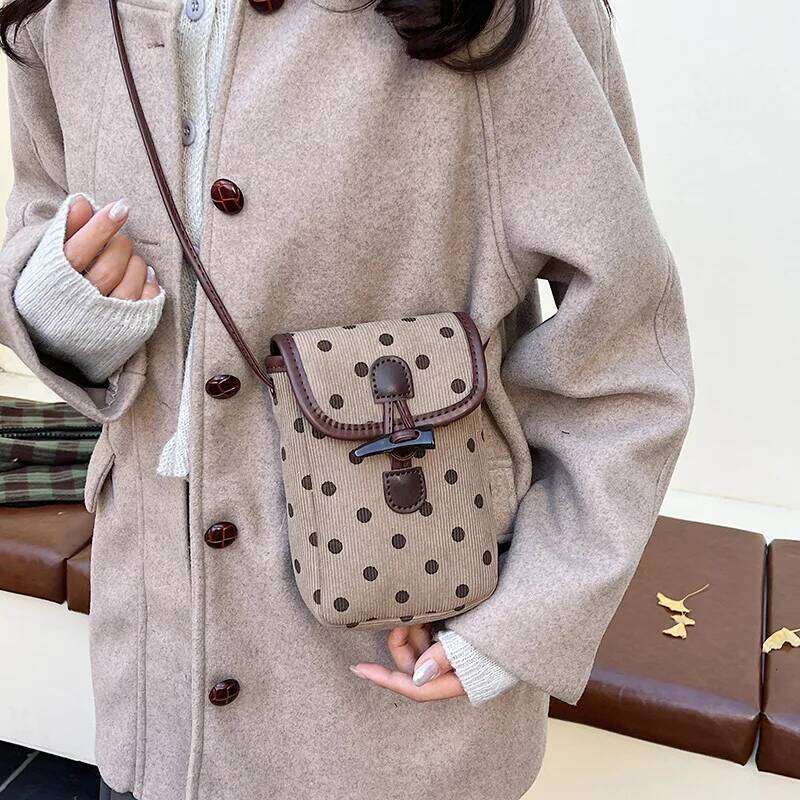 Mini Crossbody Women Fashion Polka Dot Corduroy Canvas Phone Bow Design Comfortable and Versatile Texture Bucket Bag XJ260131