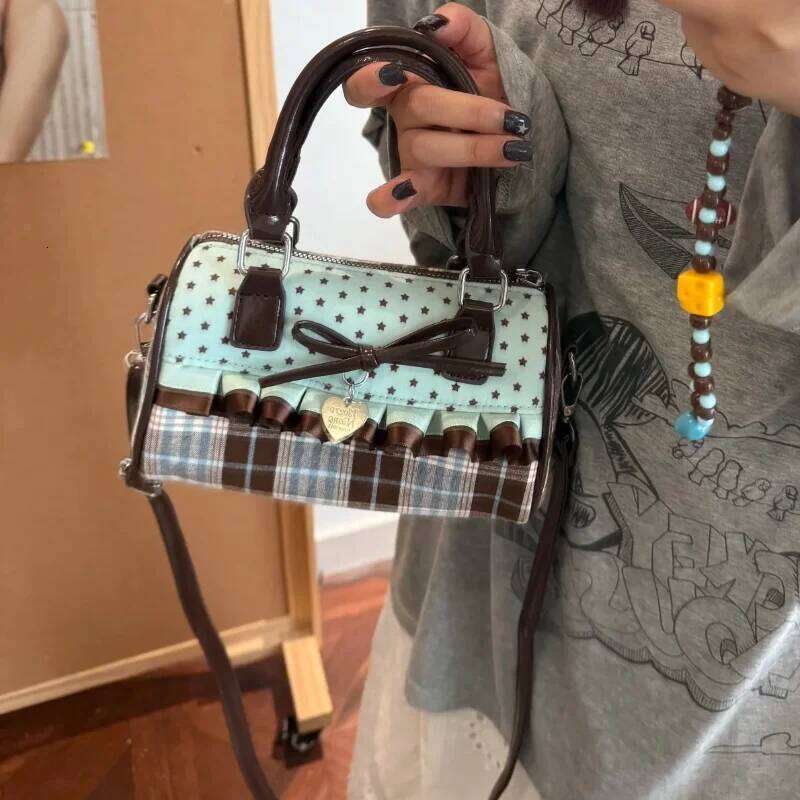 Korean Bow Polka Dot Fashion Bowler Color-blocked Lace Y2k Style Handbag Retro Sweet Plaid Crossbody Zipper Shoulder Bag XJ260130
