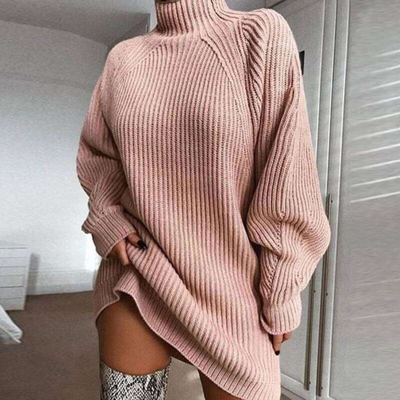 Women's Solid Color Autumn Winter Fashion Loose Casual Knitted Long-sleeved Turtleneck Pullover Ragshou Sweater Dress XJ260131