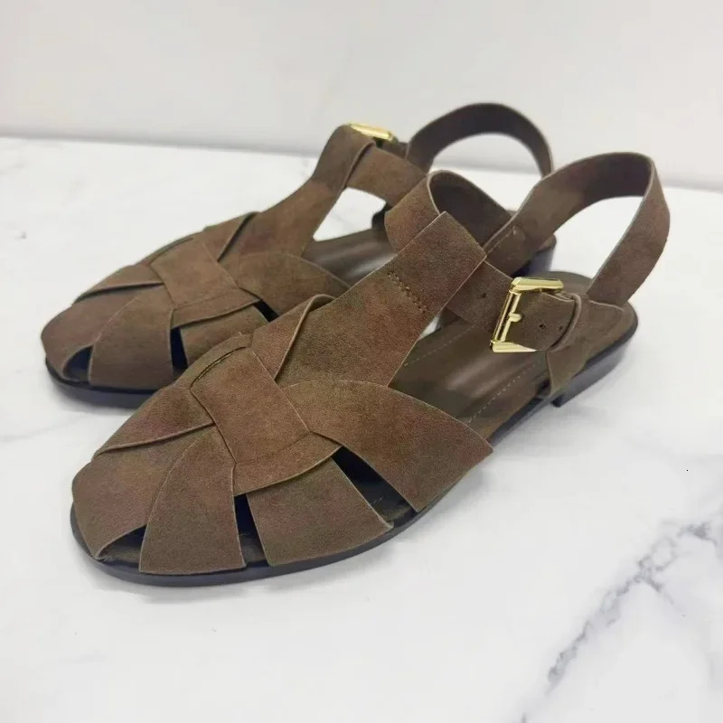 Suede Weavev Sandal Retro Metal Buckle Gladiator Shoes Hollow Fashion Flat Beach Female Zapatos De Mujer 260126