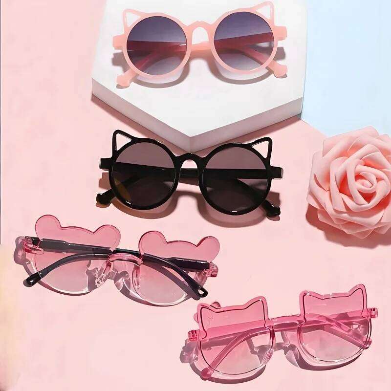 3PCS Boys and girls fashion Children's sunglasses Cute baby anti-ultraviolet bear ears cartoon rimless frame glasses H260130