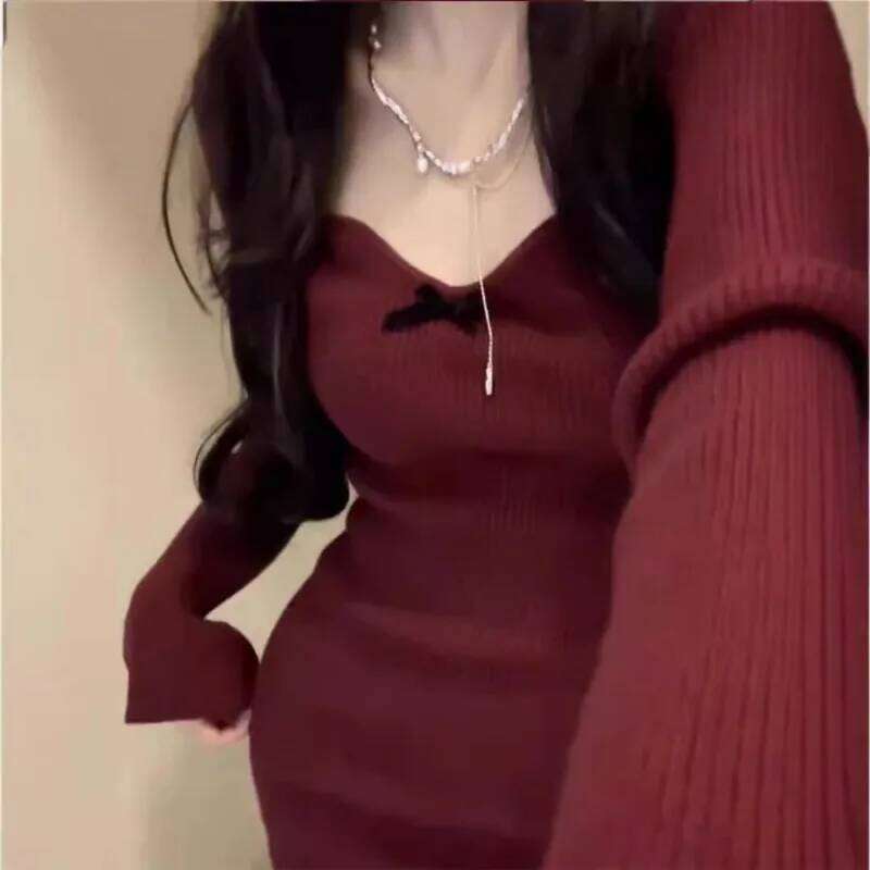 Square Neck Knitted Dress for Women Waist-cinching Autumn Winter Inner Layering Sweater Hip-hugging Skirt XJ260131
