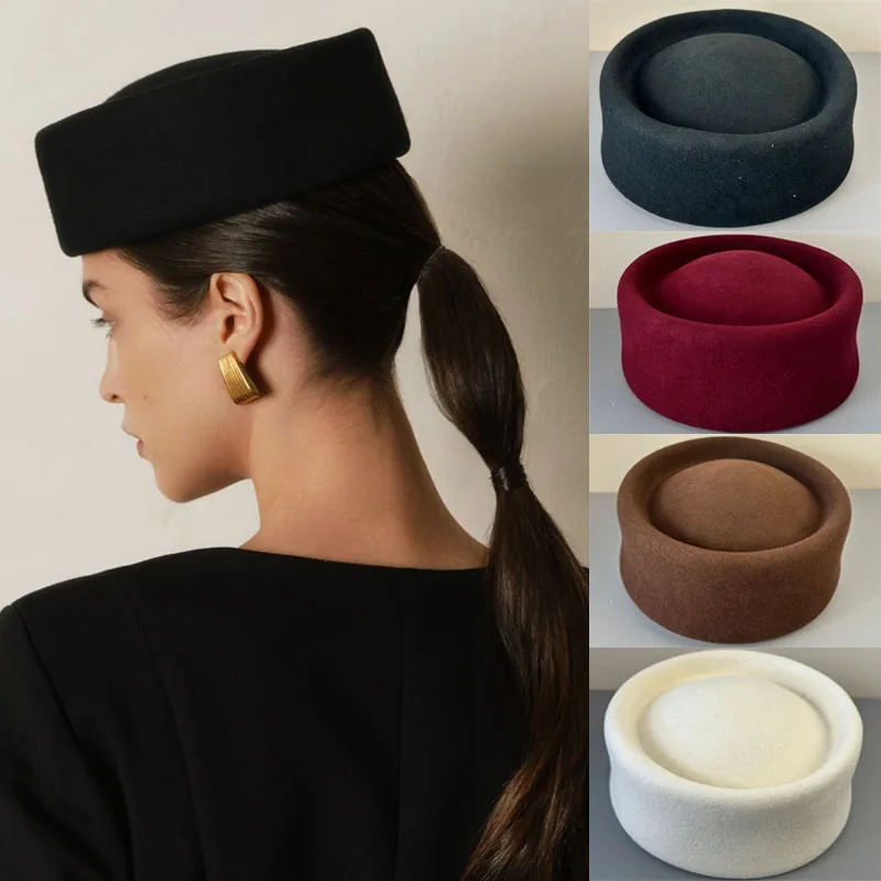 Vintage Hard Top Flat Fedoras Hat 100 Wool Felt Berets Hat Wedding Fascinator Caps Wedding Cocktail Party Pillbox Hat 260120