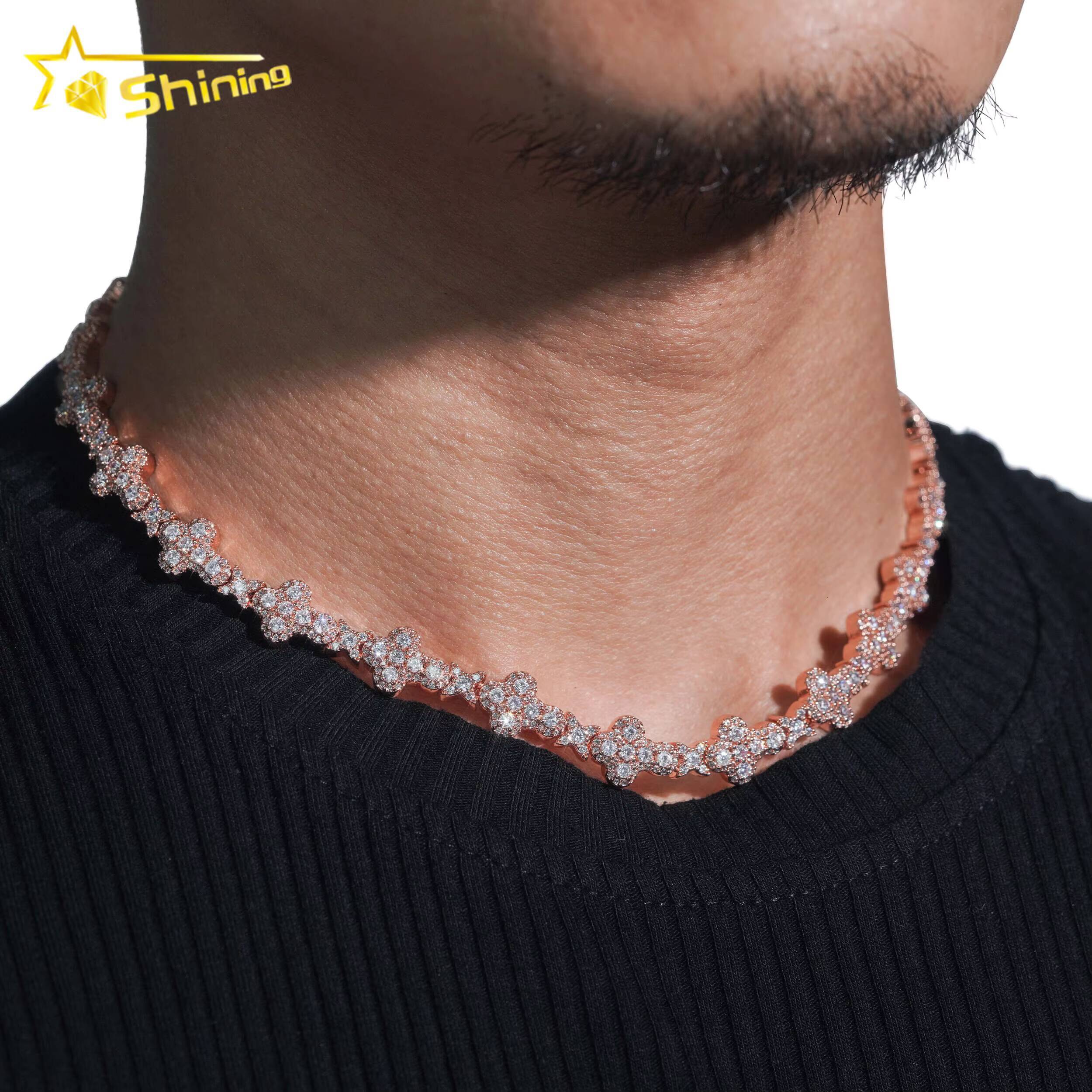 Mens Necklace Fashion Rose Gold Plated 13mm 925 Sterling Silver Vvs Moissanite Diamond Iced Out Star Cross Link Necklace