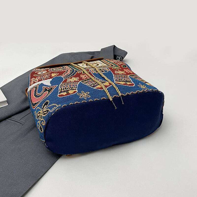 Ethnic style embroidery jacquard canvas women's double shoulder bag with academic style, large capacity, drawstring closure and