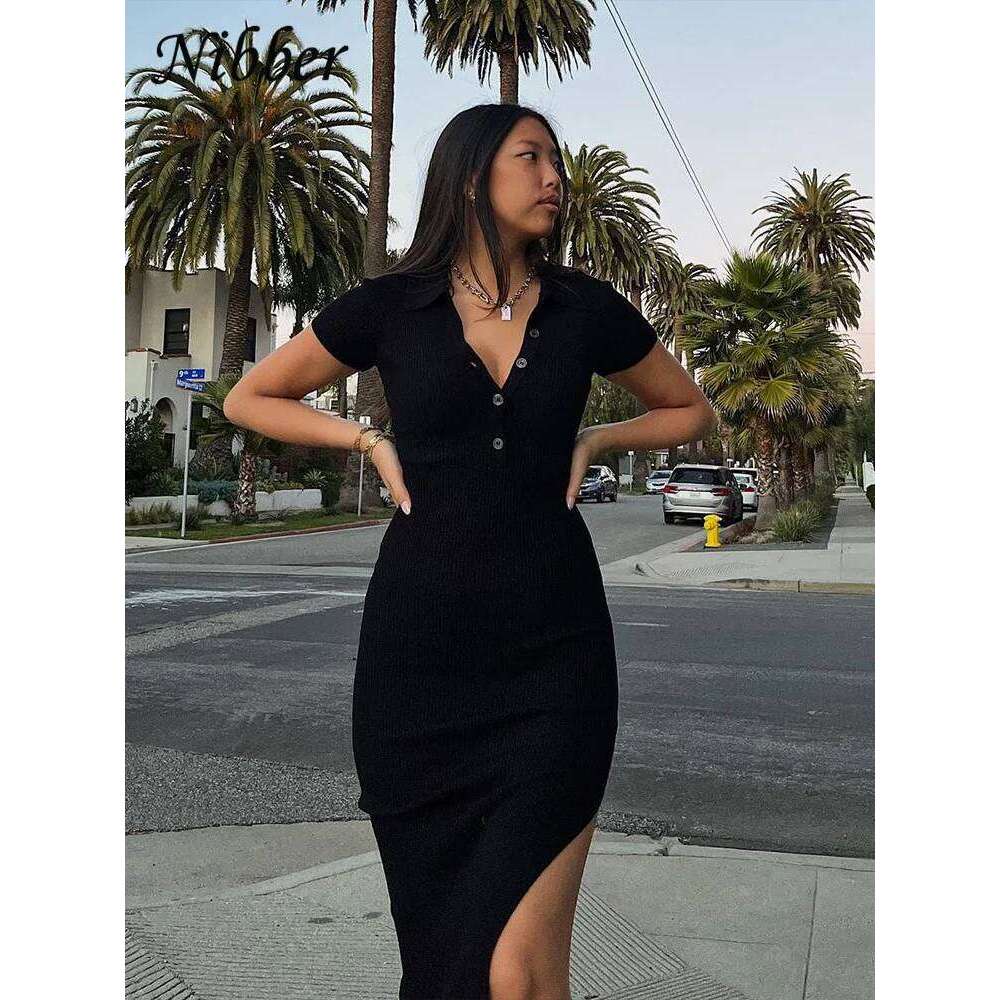 Nibber Solid Color Maxi Dress Summer Clothes For Women Elegent Middle collar Single-breasted Dresses Streetwear Party Travel XJ260131