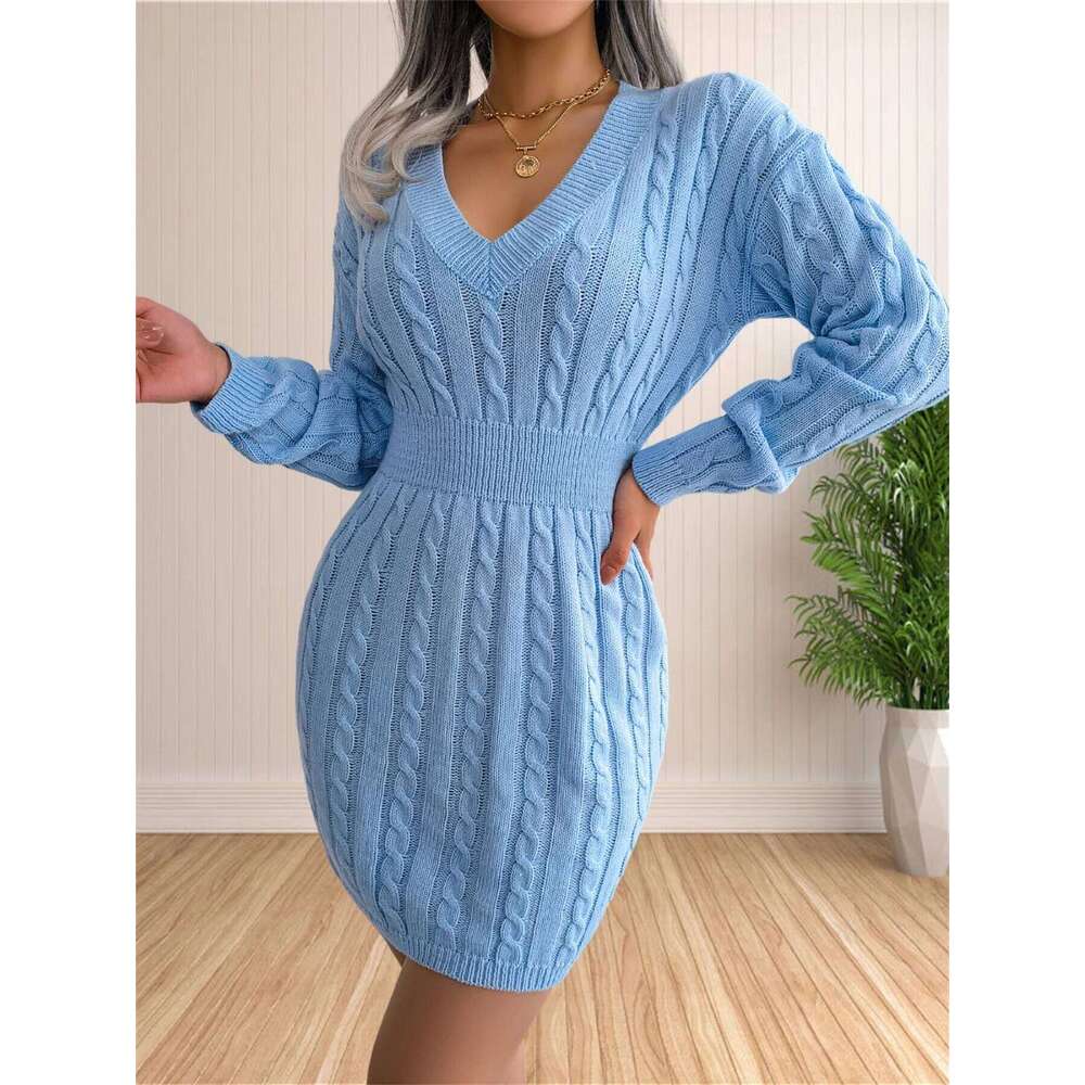 Women Dresses Cocktail V Neck Knitted Sweater Sheath Dress XJ260131
