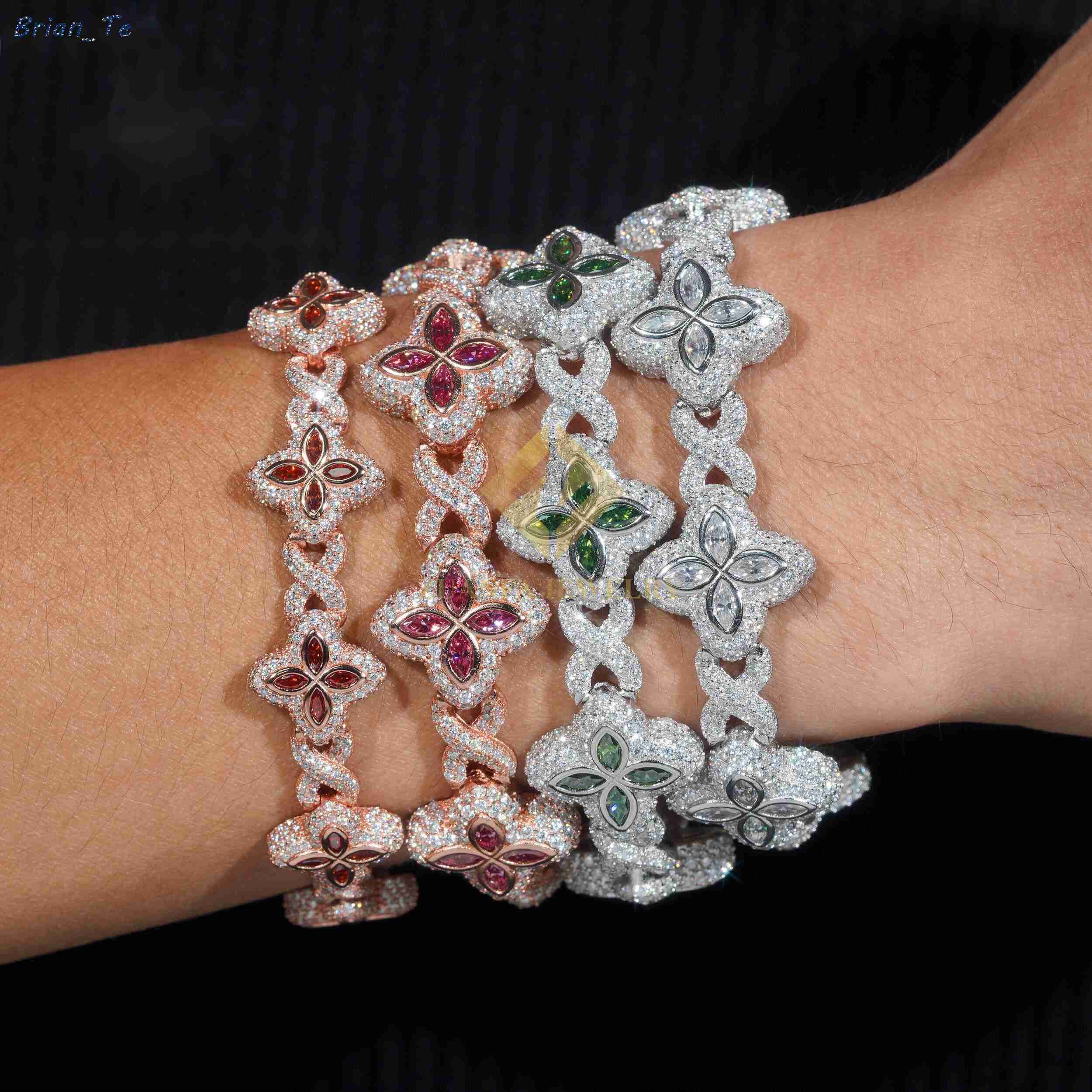 Fine Jewelry Luxury Flower New Fashion Clover Cuban Bracelets Sterling Silver 925 Gold Plated Moissanite Cuban Chains