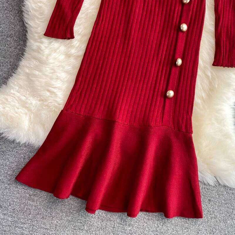 YuooMuoo Brand Fashion Long Sleeve Knitted Mermaid 2025 New Elegant Buttons Rib Sweater Dress Lady Bodycon Party Vestidos XJ260131